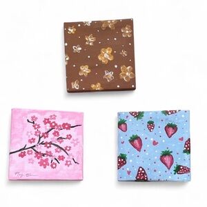 Set of 3 Mini Floral & Strawberry Canvas Paintings - Pink, Brown, Blue